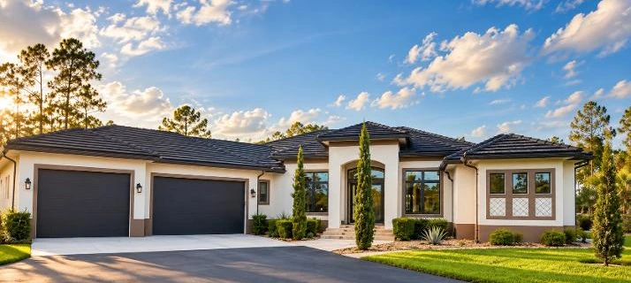 A single-storey Southwest Florida home with a dark tile roof, light stucco, a two-car garage and a manicured lawn under a bright blue sky.