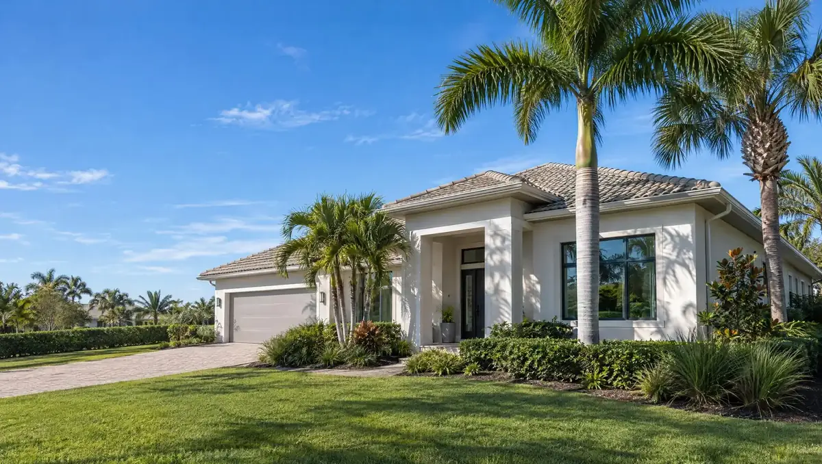 A modern single-storey Southwest Florida home with palms under a blue sky.