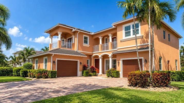A newly built two-storey Southwest Florida home with a paver driveway and new landscaping.