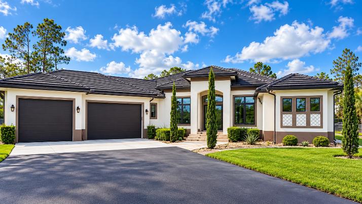 A single-storey Southwest Florida home with a dark tile roof, light stucco and a manicured lawn.