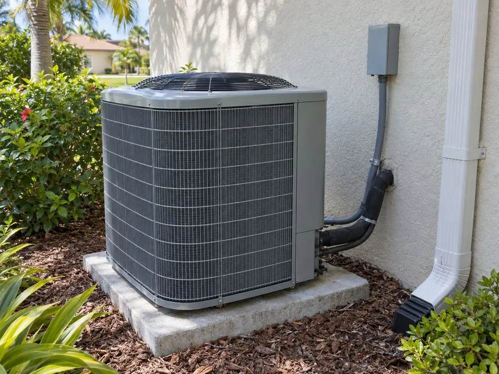 An outdoor air conditioning condenser beside a stucco wall of a Florida home.