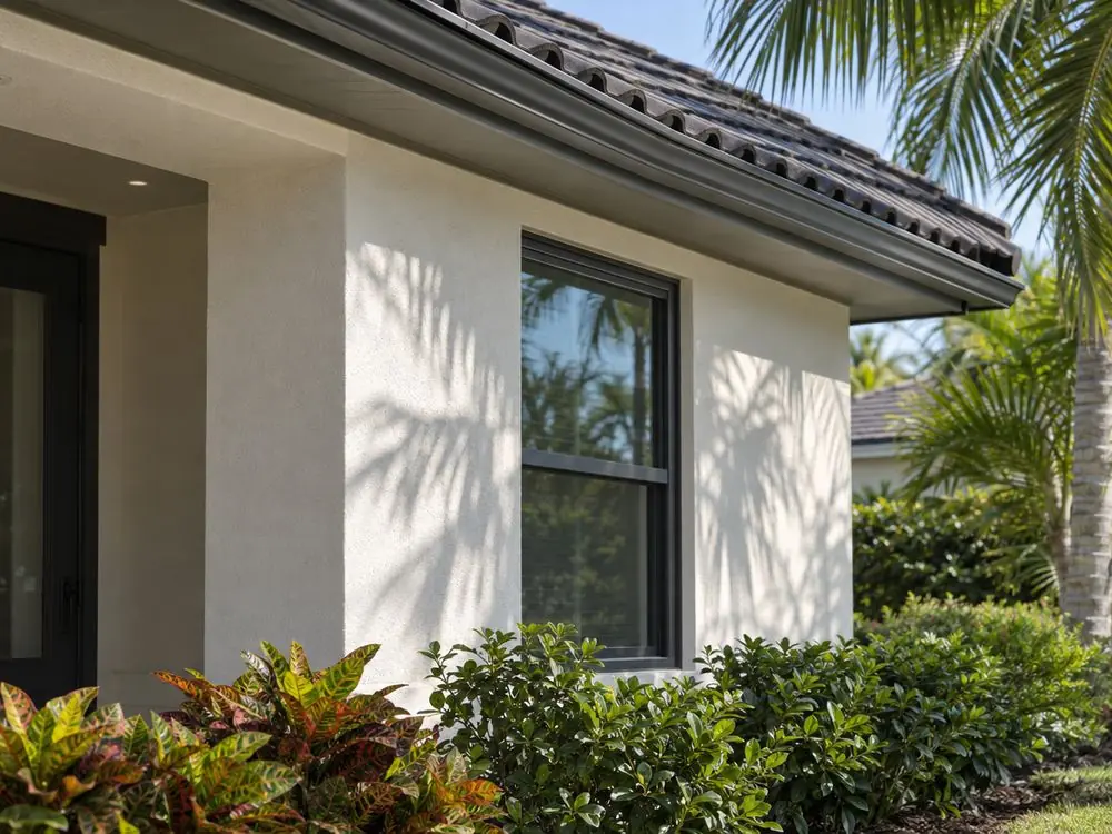 Exterior detail of a Southwest Florida home: stucco wall, window and the edge of a tile roof.