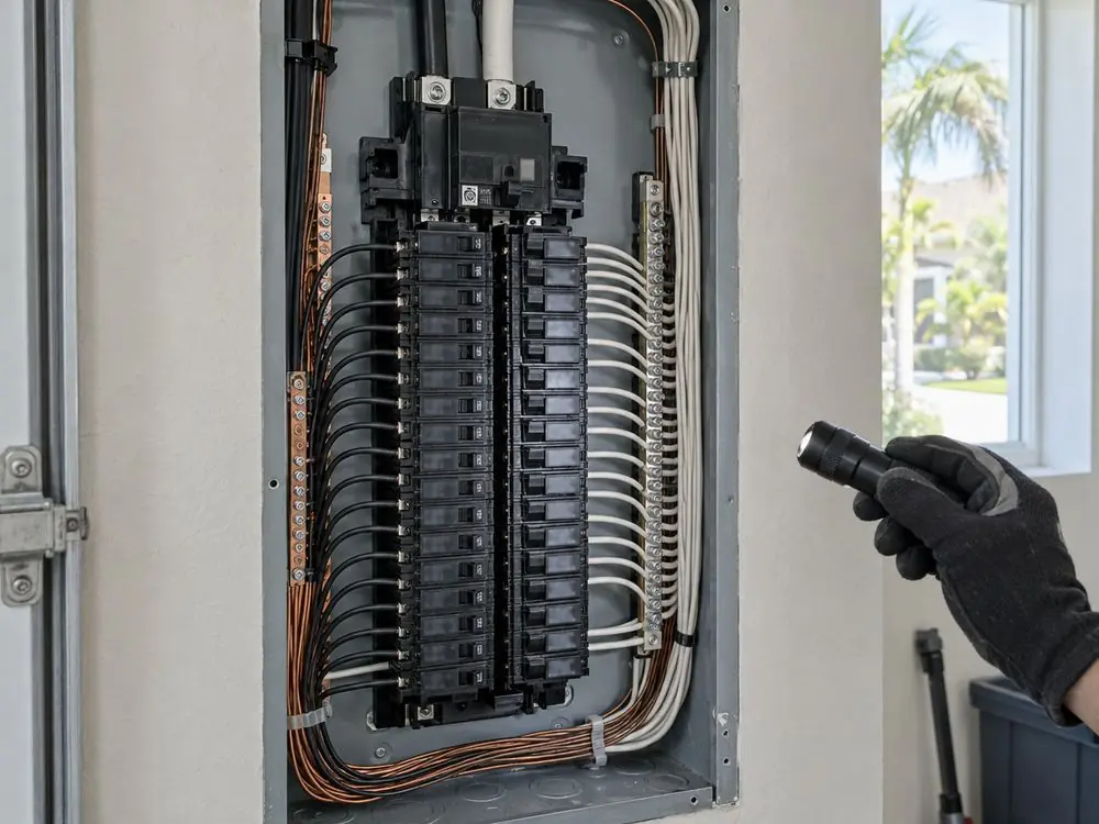 An open residential electrical panel with breakers and wiring, checked with a flashlight.